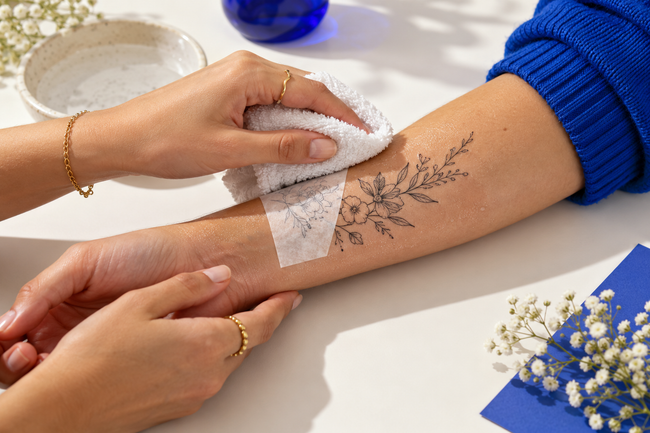 Temporary tattoo being applied to an arm